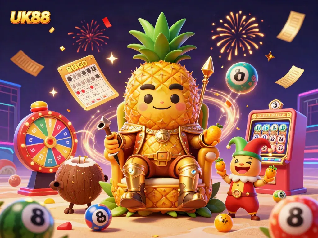 Engage with UK88's vibrant casino scene featuring a golden pineapple king amid lottery balls.