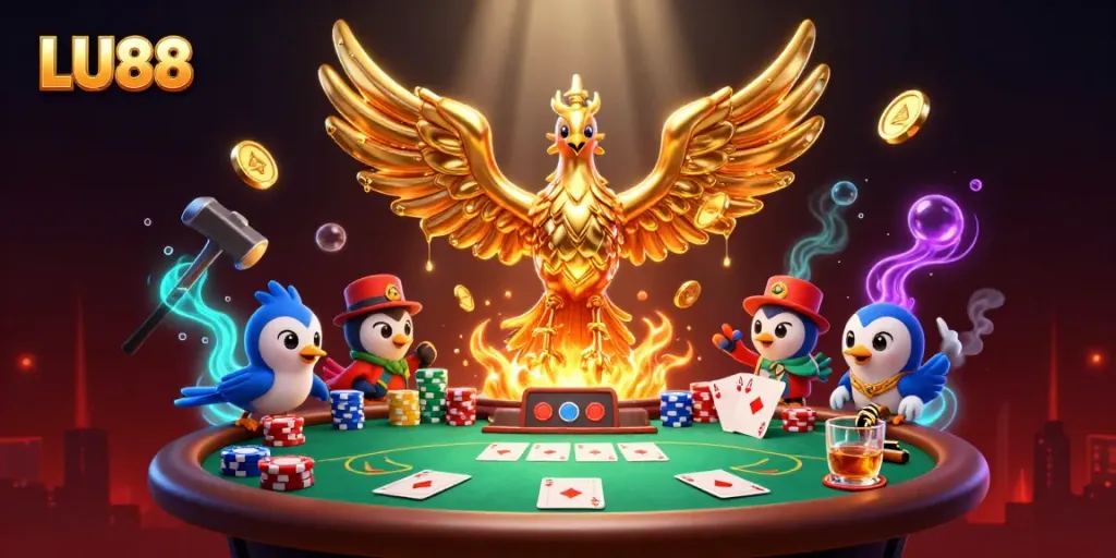 Experience the excitement of LU88 in this rich 3D illustration featuring a golden phoenix amidst vibrant gaming elements.