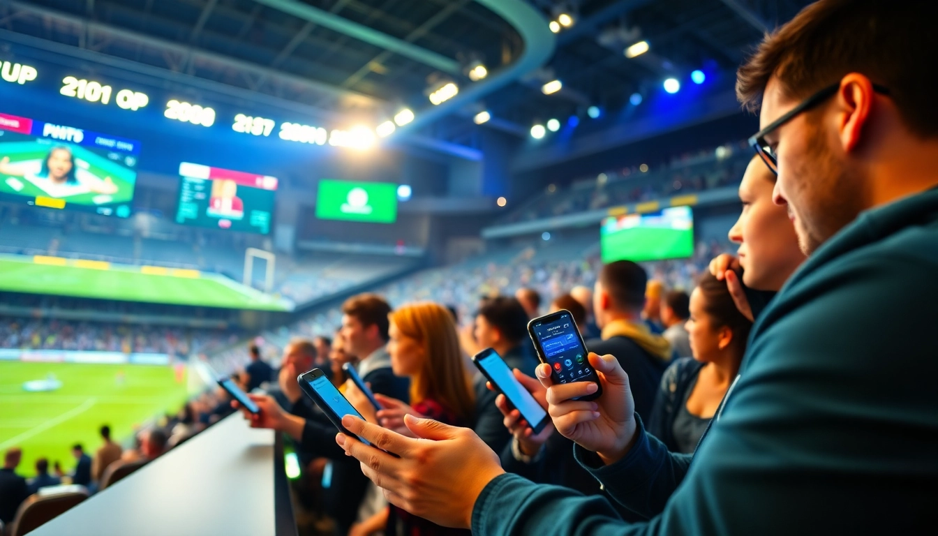 Experience the thrill of sports betting with crypto as bettors engage using advanced mobile wallets in a vibrant stadium.
