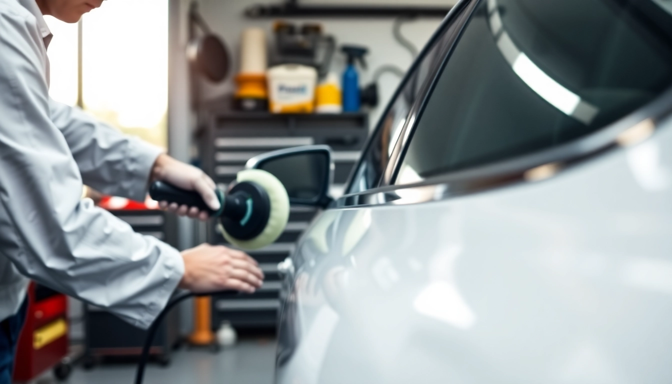 Fahrzeugaufbereitung durch einen Techniker mit Poliermaschine in einer sauberen Garage.
