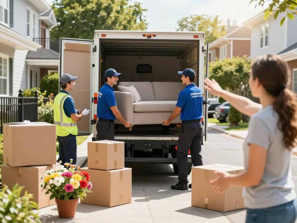 Professionelle Umzugshelfer von Umzugsfirma Harburg laden sorgfältig ein Sofa in einen Lastwagen, was Teamarbeit und Effizienz in einem sonnigen städtischen Viertel zeigt.