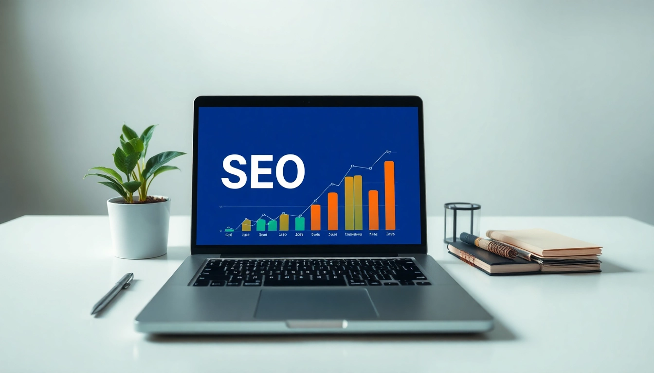 Visualisieren Sie das SEO-Ranking, indem Sie eine Grafik anzeigen, die die Rankings auf einem Laptop-Bildschirm illustriert.