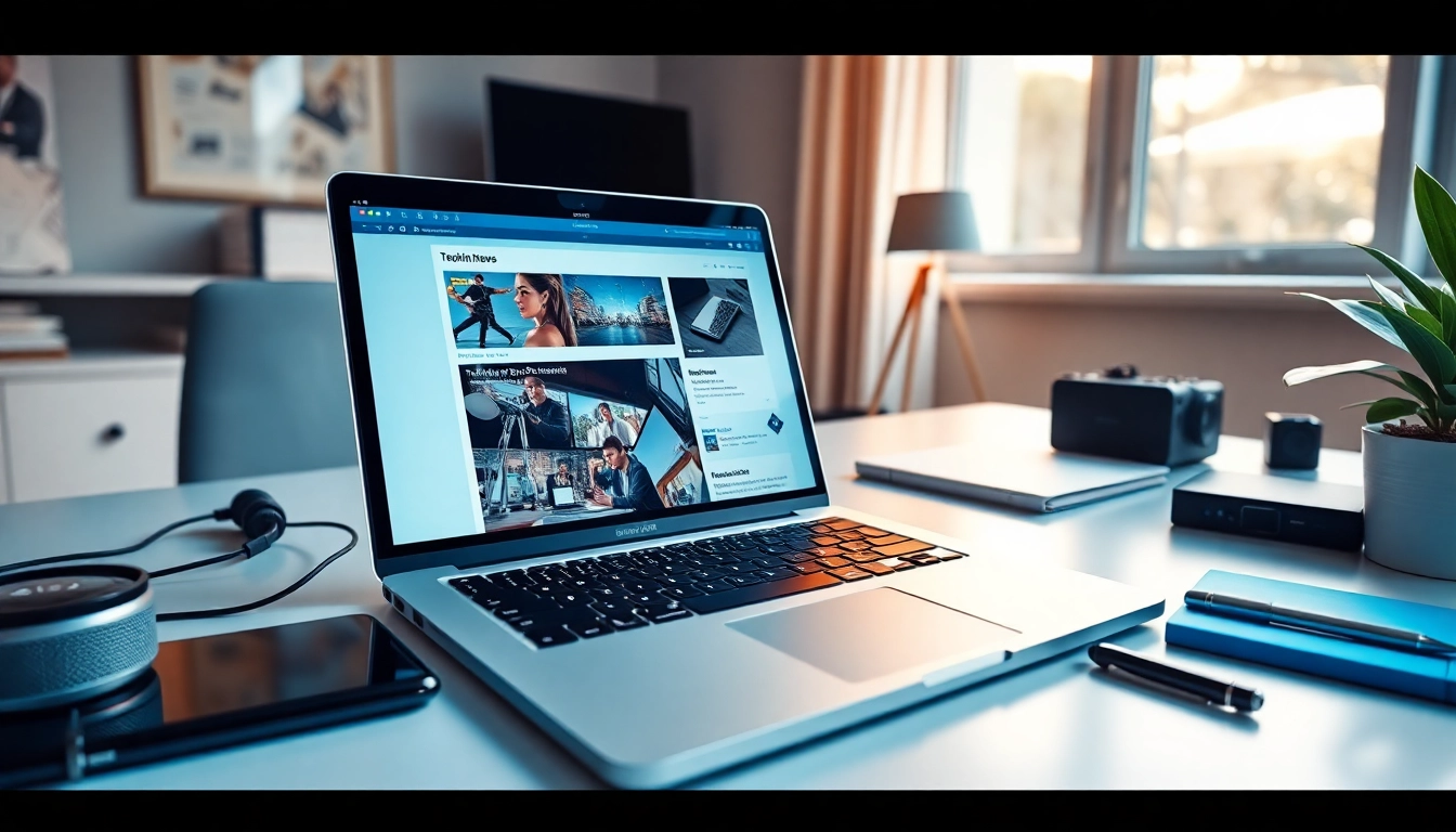 Technik News auf einem modernen Laptop in einem eleganten Büro mit angenehmer Beleuchtung.