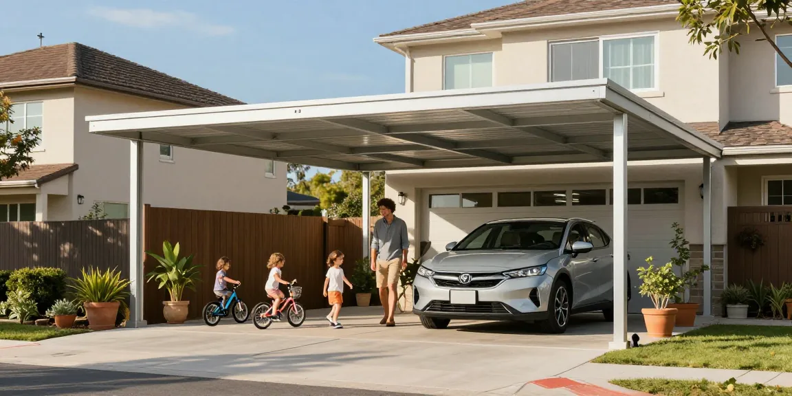 Ein stilvoller Carport schützt das Familienauto an einem sonnigen Tag, während Kinder in der Nähe mit Fahrrädern spielen.