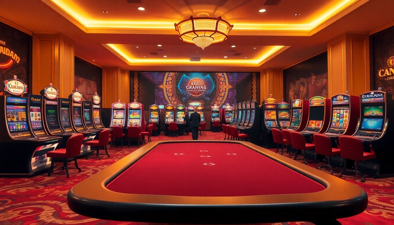 Spiele im online casino ohne anmeldung in einem lebhaften, stilvollen Ambiente mit Spielautomaten und Kartentischen.