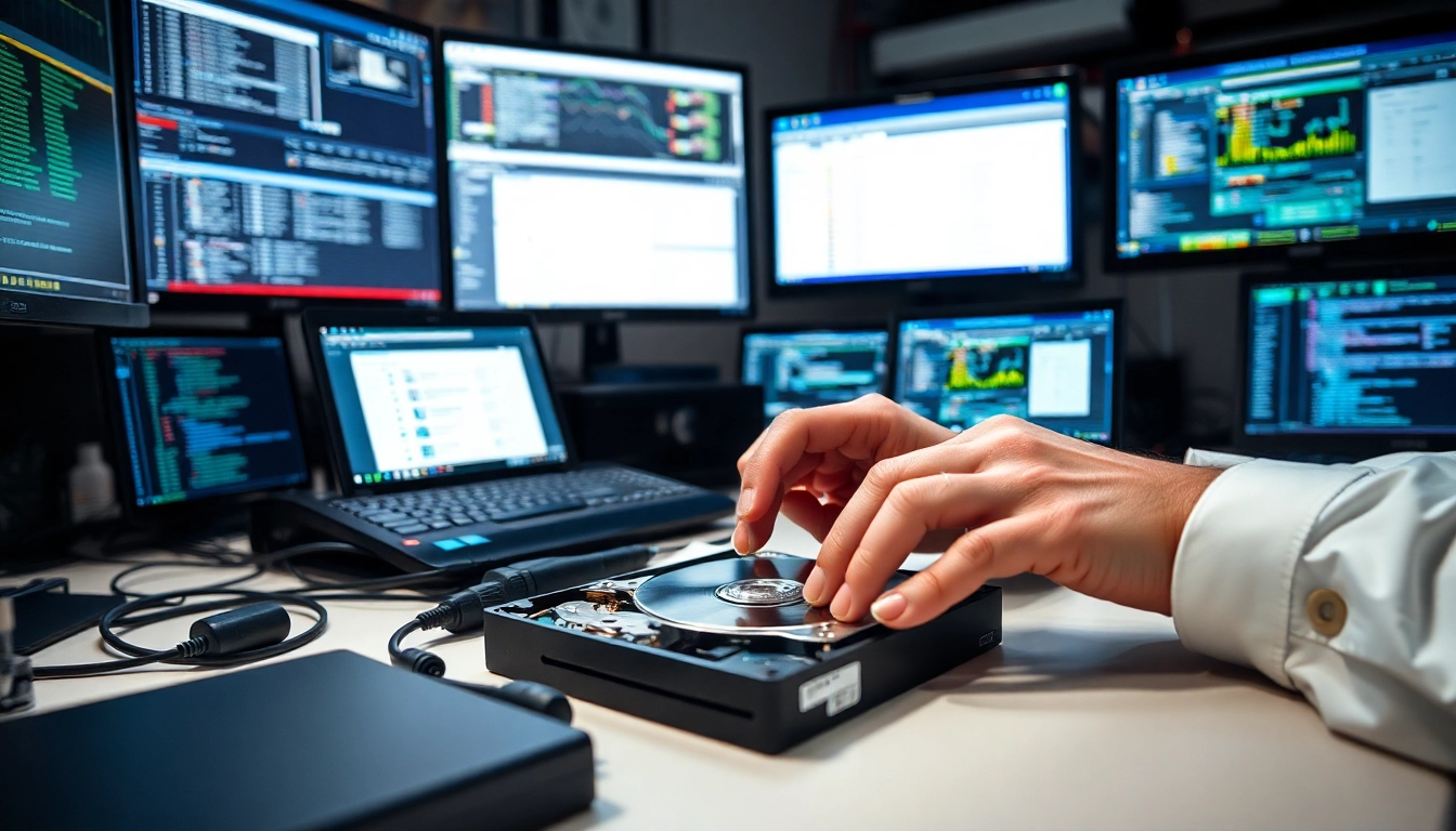 Datenrettung externe festplatte in Aktion mit einem Techniker und Tools zur Datenwiederherstellung.