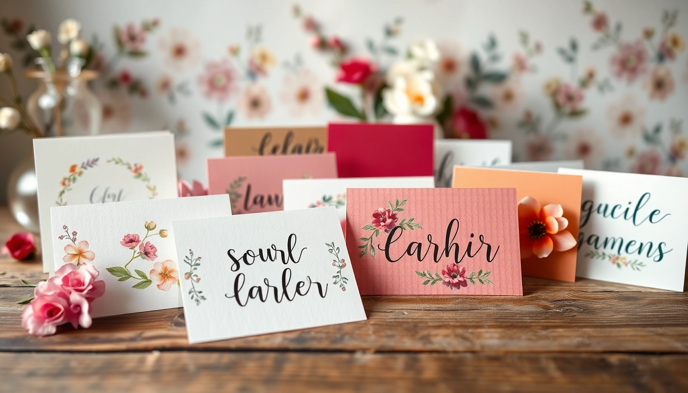Entdecke schöne Karten mit kreativen Designs und floralen Motiven auf einem rustikalen Holztisch arrangiert.