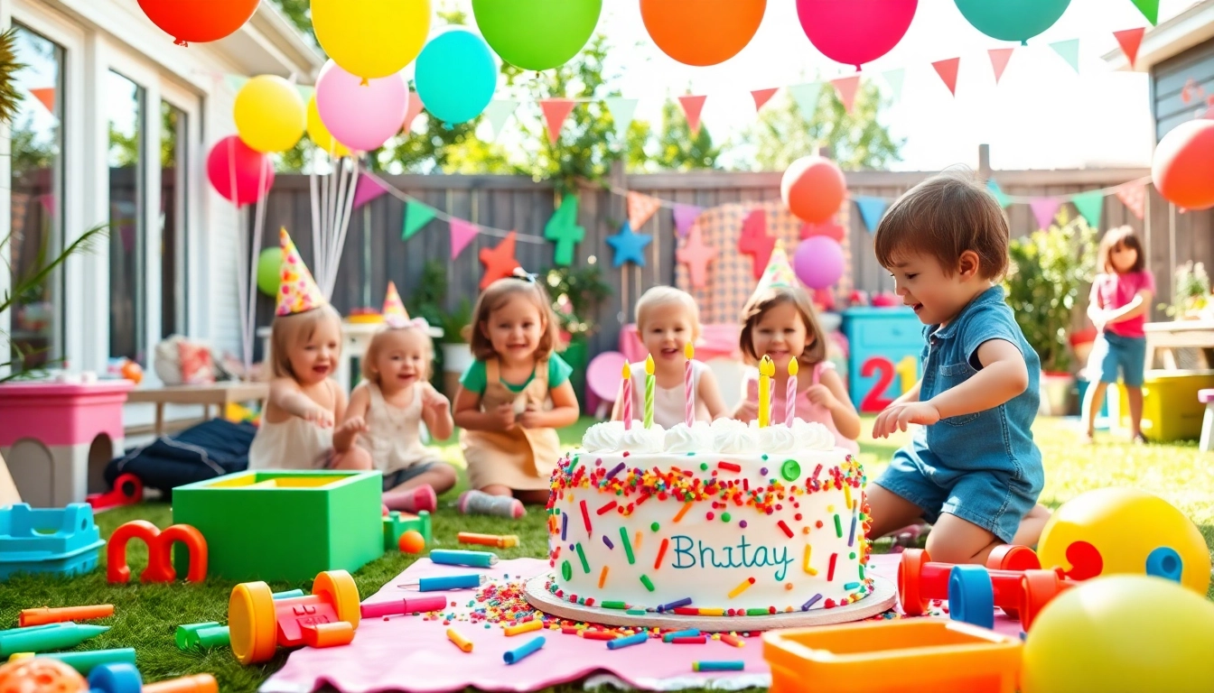 Kindergeburtstag 4 Jahre mit fröhlichen Kindern, Spielen und bunten Dekorationen.