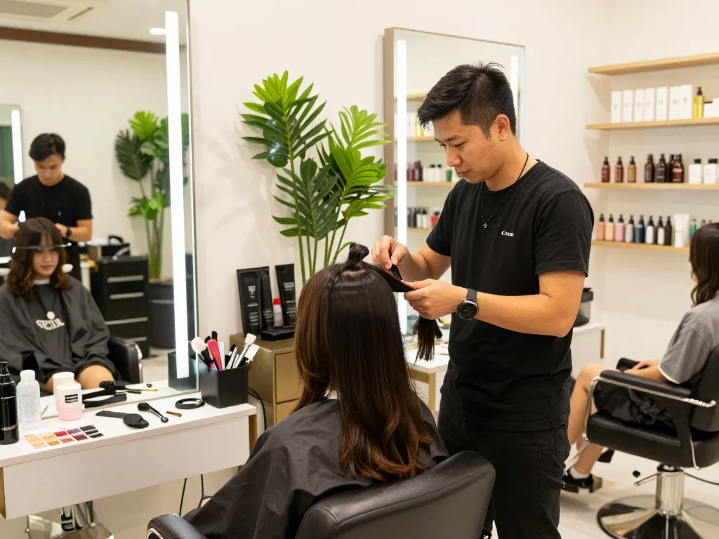 Hairdresser Singapore styling client's hair in modern salon with vibrant decor and bright ambiance