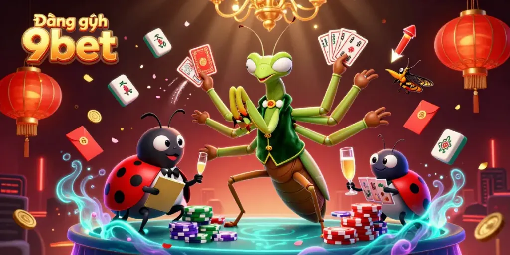 Engaging scene showcasing Đăng ký 9bet with a giant mantis dealer and vibrant casino elements.