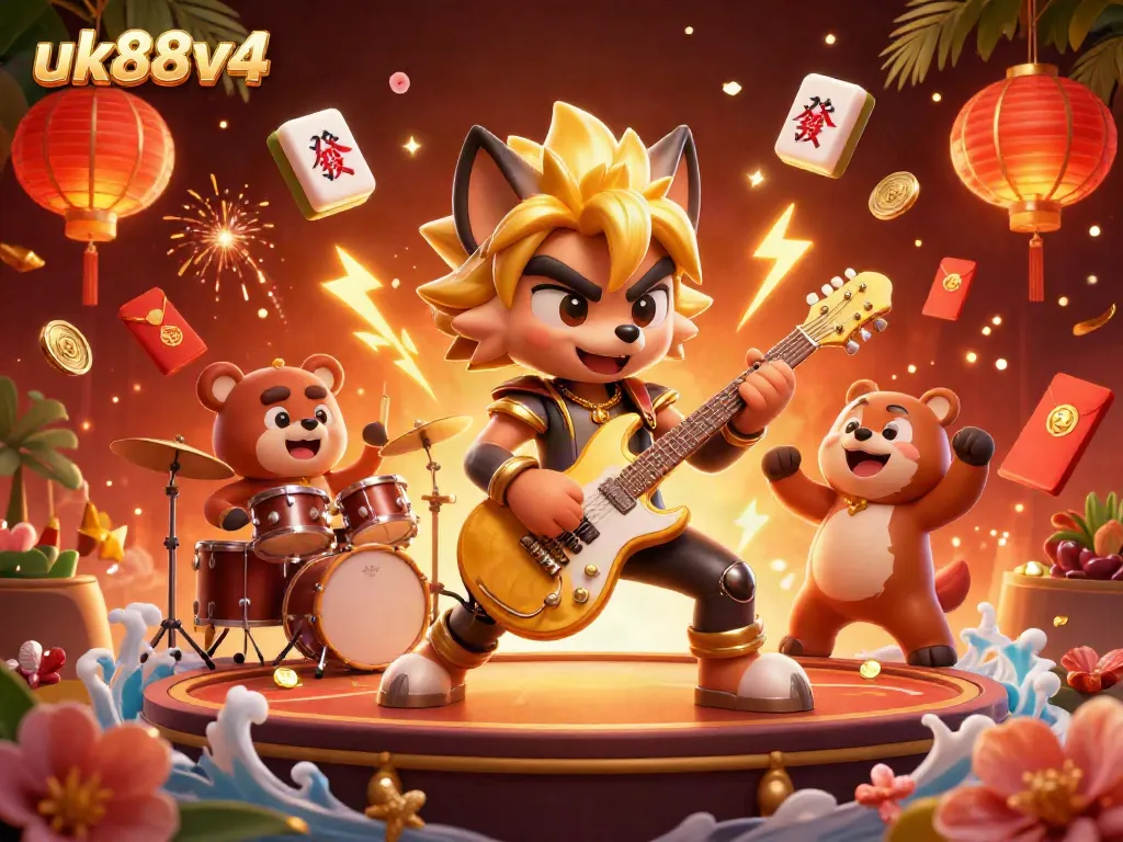 Join the excitement of uk88v4 in this vibrant casino scene featuring a rock star wolf and energetic drummer bear.