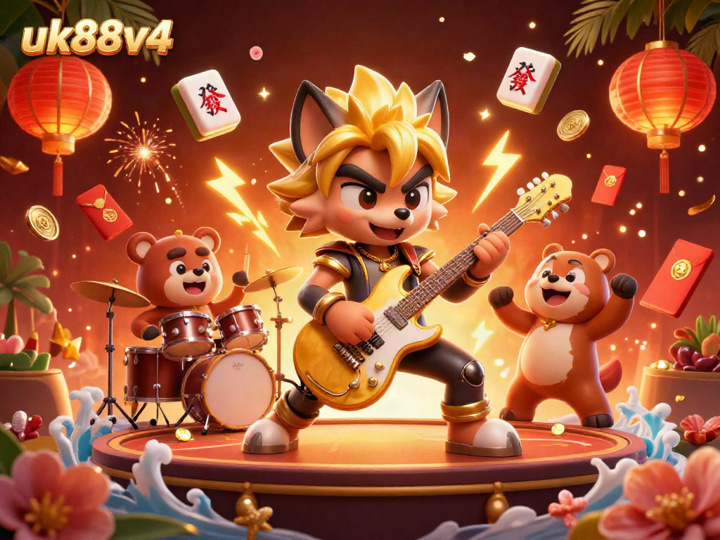 Join the excitement of uk88v4 in this vibrant casino scene featuring a rock star wolf and energetic drummer bear.