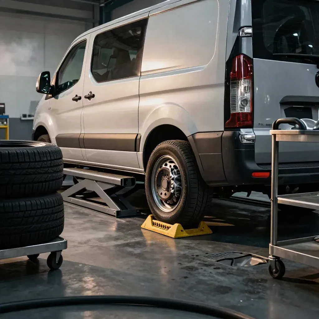 Firmenvan auf der Hebebühne in einer sauberen Werkstattbucht mit Werkzeugwagen und Reifenstapeln.