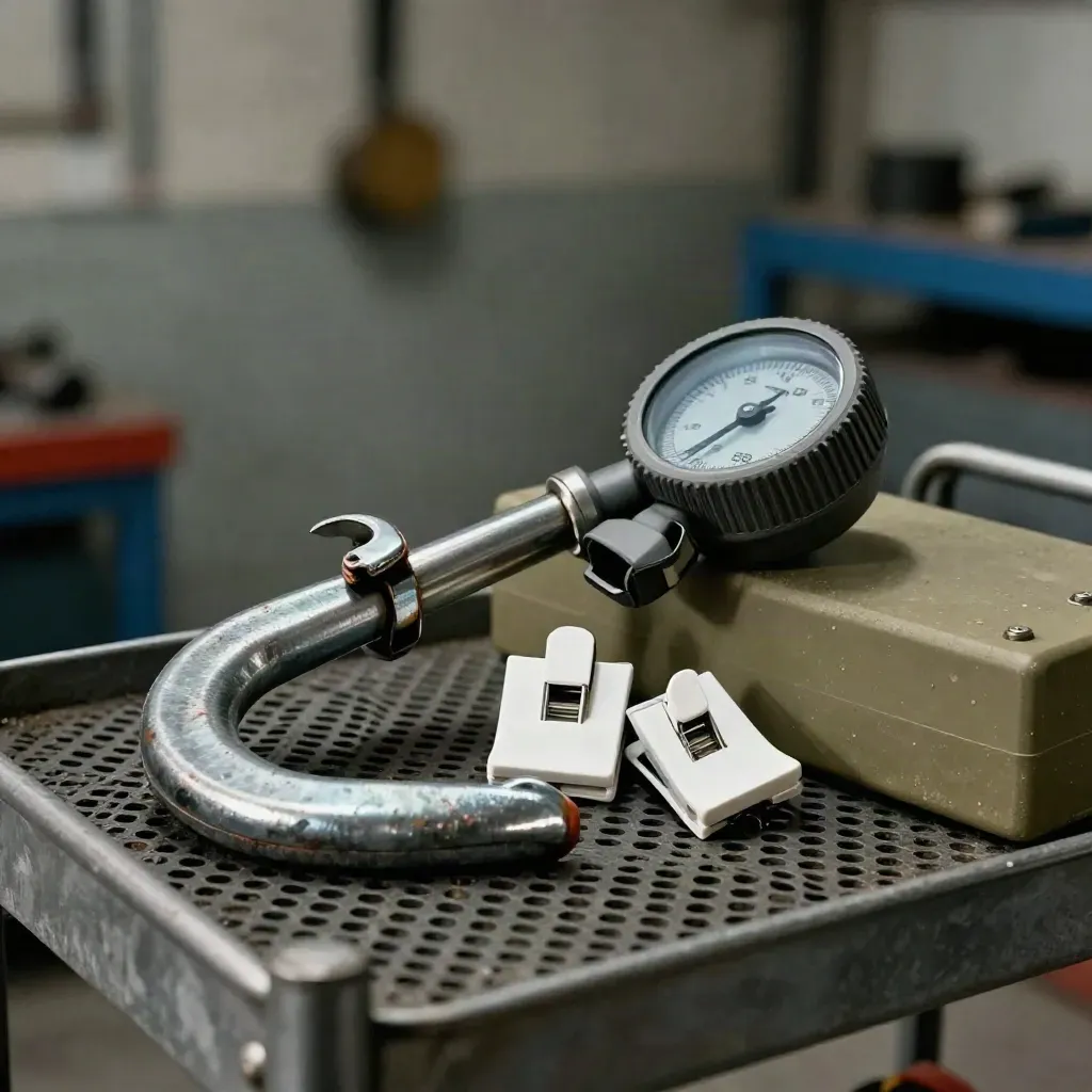 Werkstatt-Tools für die Servicekoordination auf Metall, mit kühlem Licht und feiner Textur