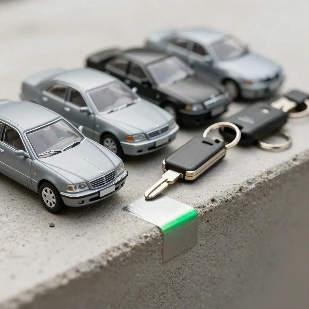 Makro von Fahrzeugmodellen, Farbchips, Schlüsseln und Prüfclip auf Beton