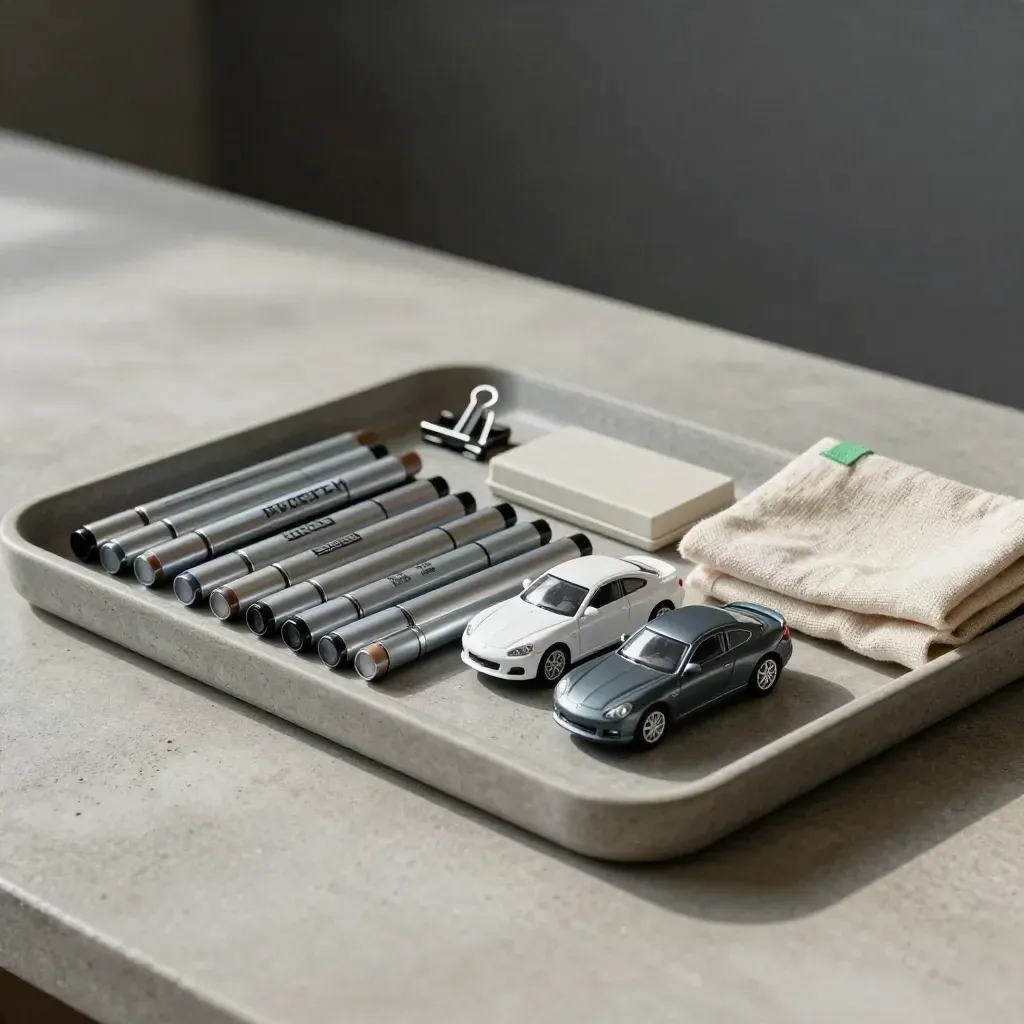 Stein-Tablett mit zwei Modellautos, Schiebemarkern, Clips und Planungsblock.