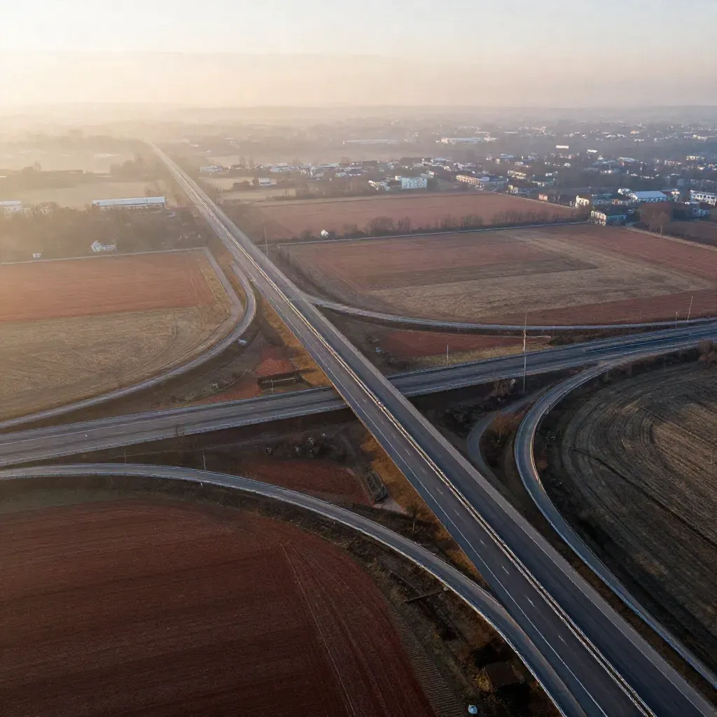 Autobahnkreuz über Feldern im Morgennebel, oben klein, unten viel ruhige Fläche für Text.