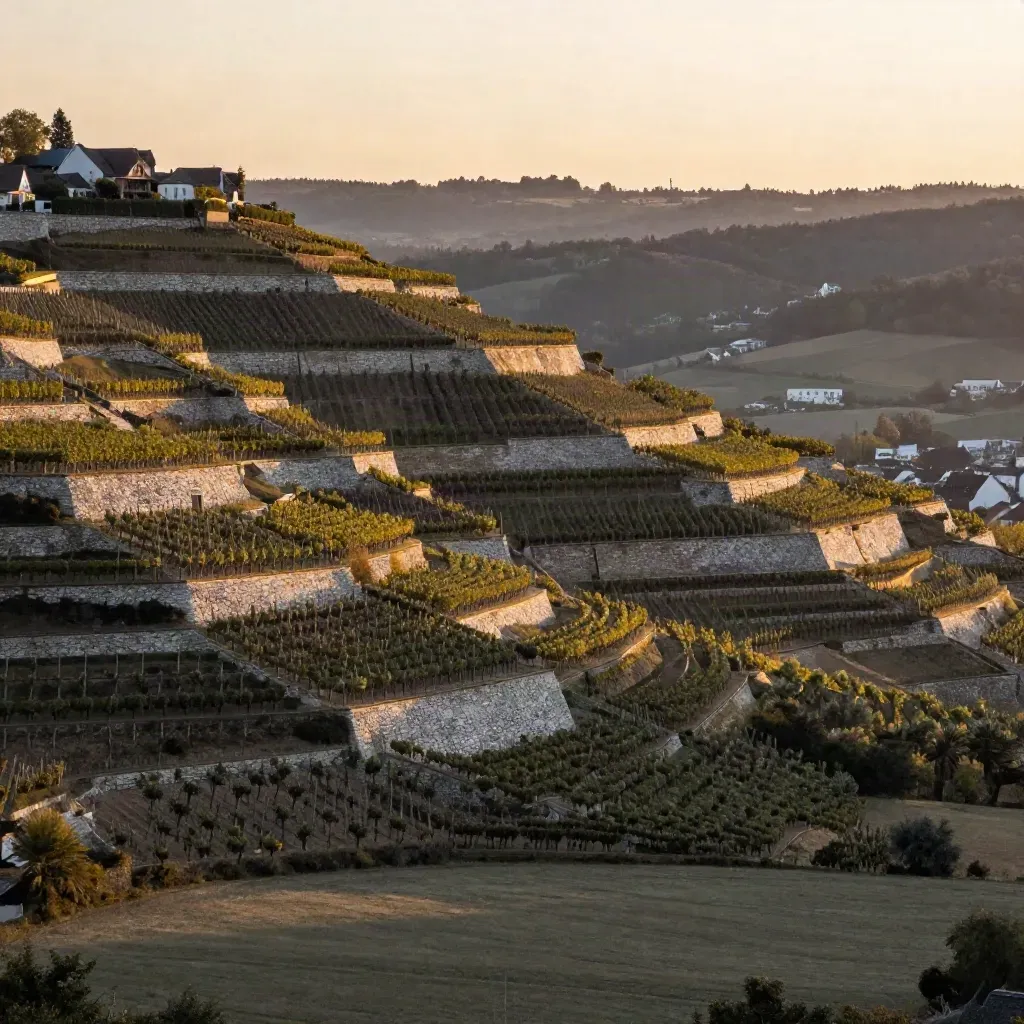Weinberge und Stadt-Silhouette in Baden-Württemberg bei goldenem Abendlicht.