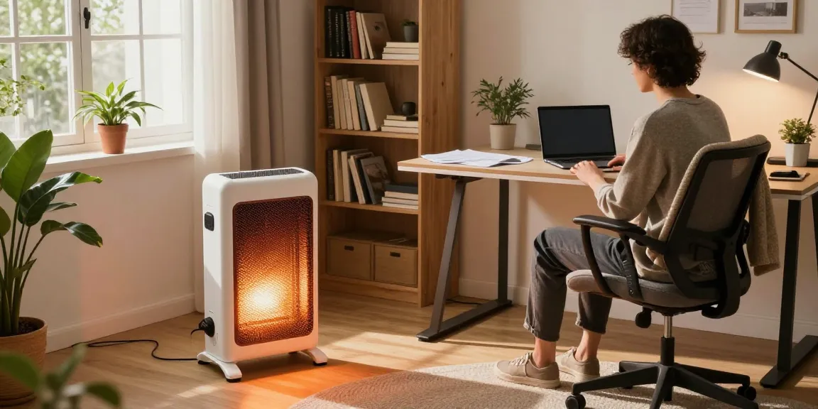 Mobile Heizung, die Wärme in einem gemütlichen Homeoffice-Setup mit Laptop und Unterlagen bietet.