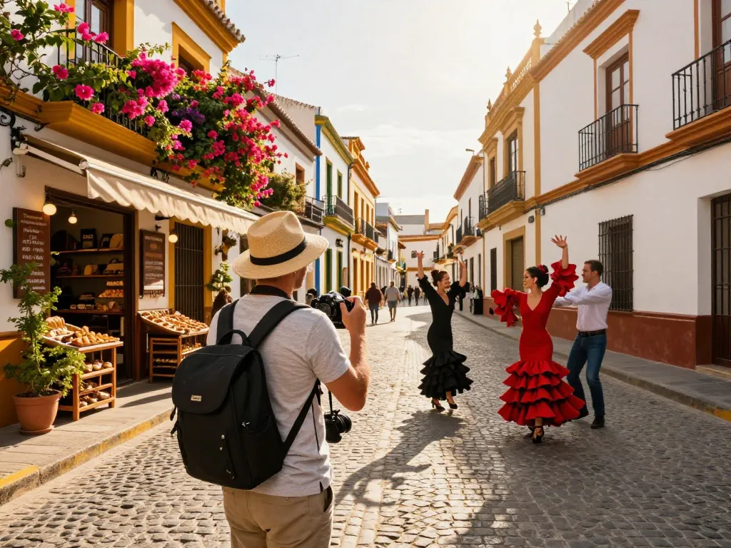 Reisetipps Sevilla: Reisender, der mit der lebhaften Kulturszene und Architektur in Sevilla interagiert.