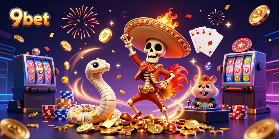 Engage 9bet players with a celebration of casino excitement featuring colorful characters and dynamic game elements.