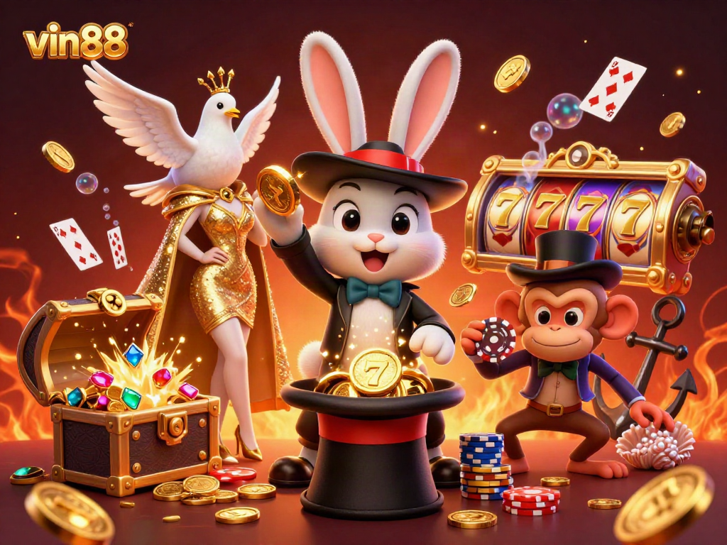 vin88 offers thrilling casino vibes with a magician, dove, and monkey in a vibrant scene.