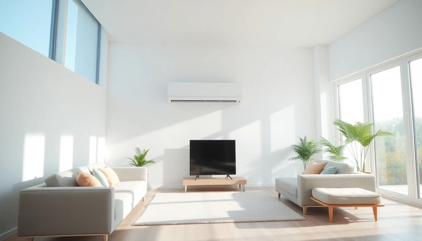 Installieren Sie eine Klimaanlage elegant in Ihrem modernen Wohnzimmer für optimalen Komfort.