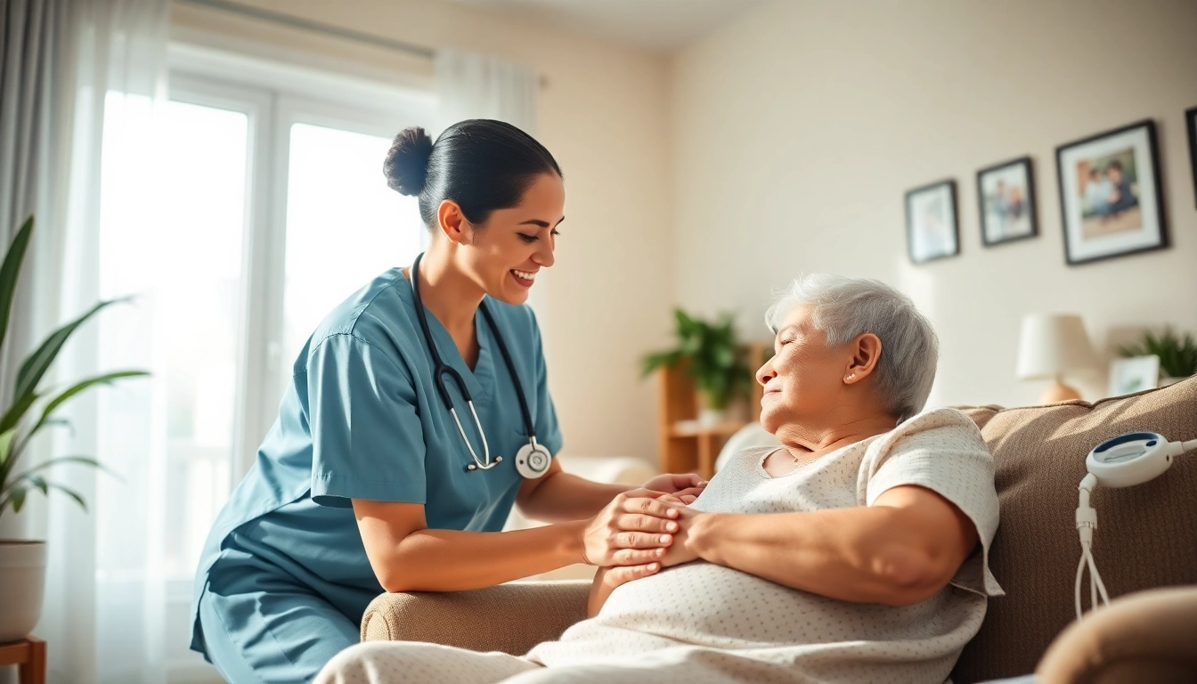 Intensivpflege Frankfurt: Fachkraft unterstützt einen älteren Patienten in einem einladenden Wohnraum.