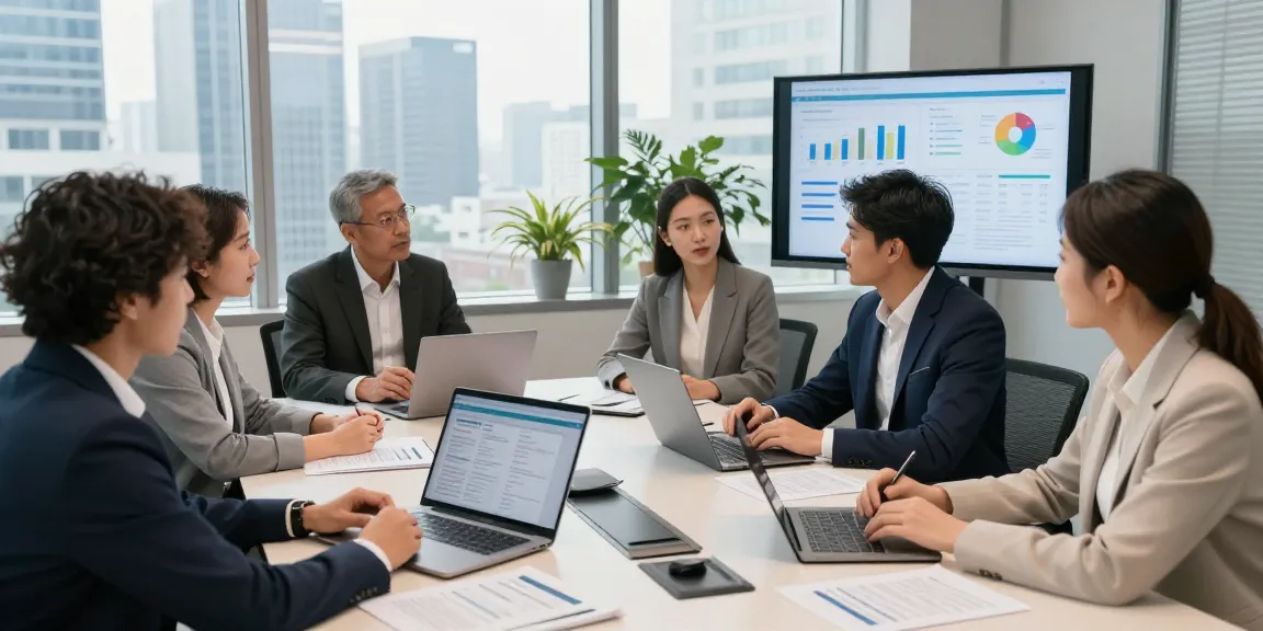 Bewertungsplattform Führung: Team bei der Bewertung von Führungskräften und Unternehmenskultur in modernem Konferenzraum.