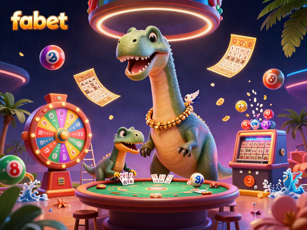 Experience the thrilling atmosphere of Fabet as a cartoon brontosaurus towers over a vibrant casino scene, capturing exciting gambling elements.