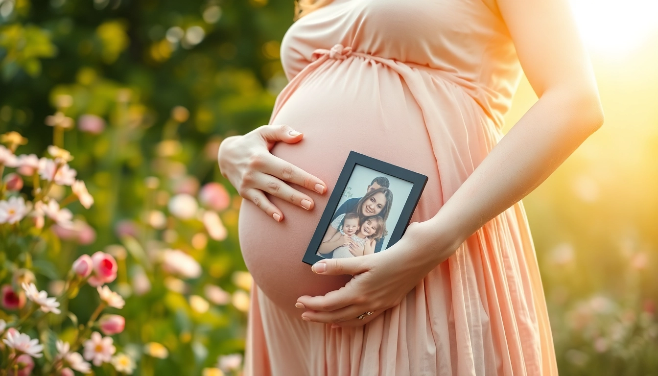 Schwangerschaftsfotografie einer schwangeren Frau, die liebevoll ihren Babybauch umarmt.