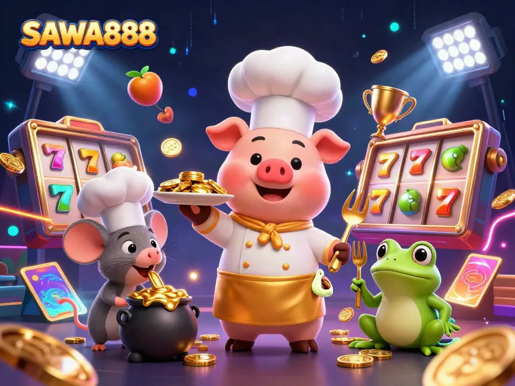 Experience the excitement of SAWA888 with a whimsical culinary scene featuring gold coins and dynamic slot elements.