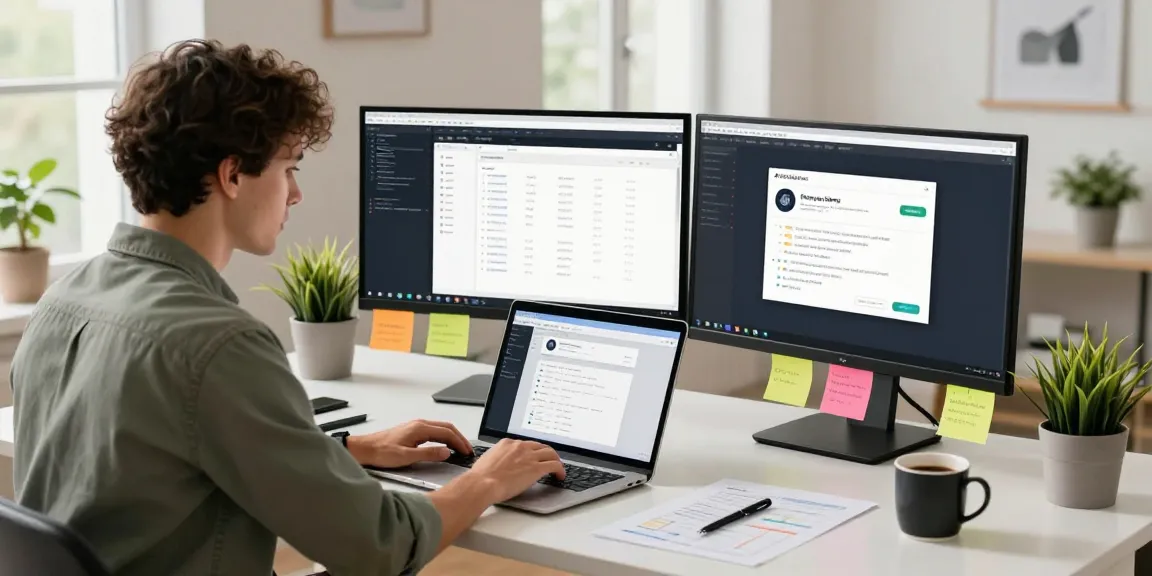 Shopware-Freelancer, der in einem modernen Home Office mit zwei Monitoren arbeitet, die E-Commerce-Tools anzeigen.