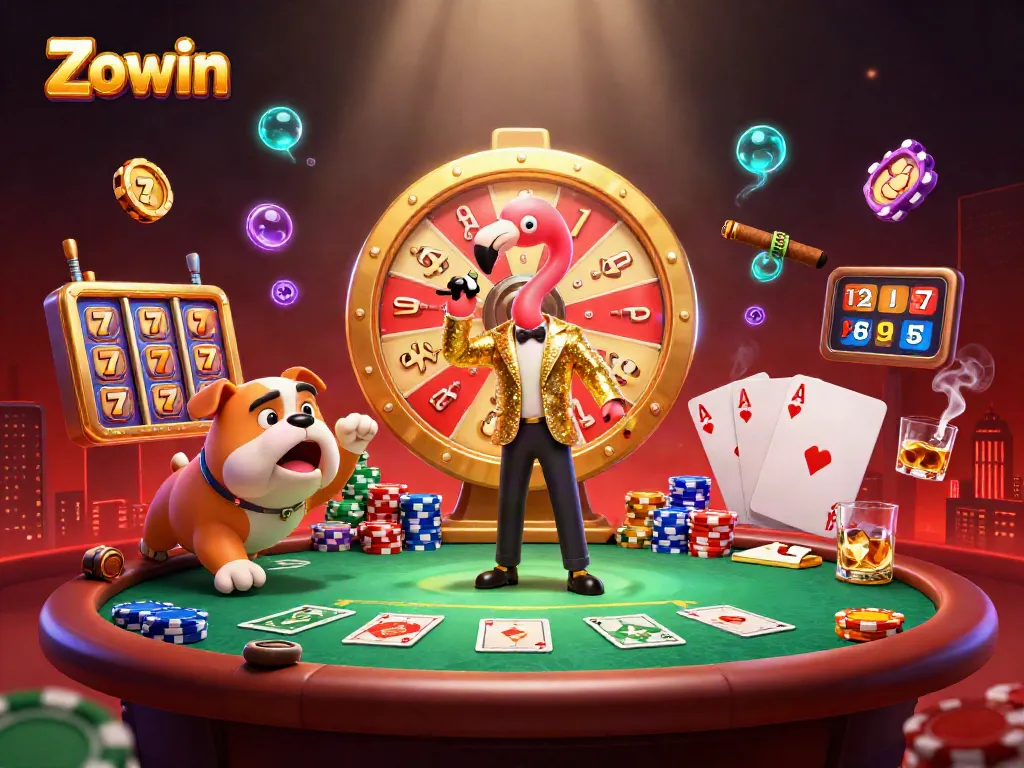 Zowin offers thrilling gaming experiences with a vibrant casino scene featuring joyful players and exciting games.