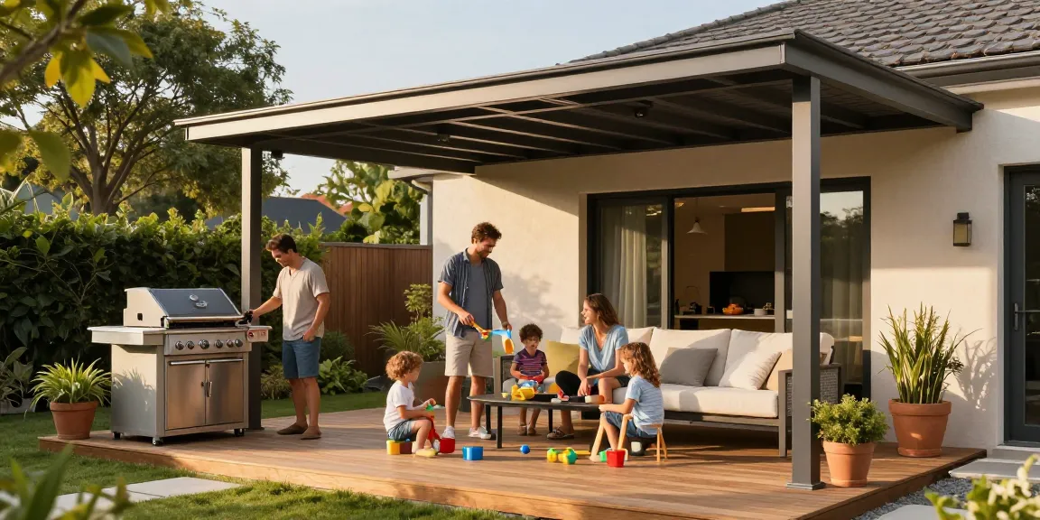 Moderne Terrassenüberdachungen mit einer Familie, die einen sonnigen Tag im Freien genießt.