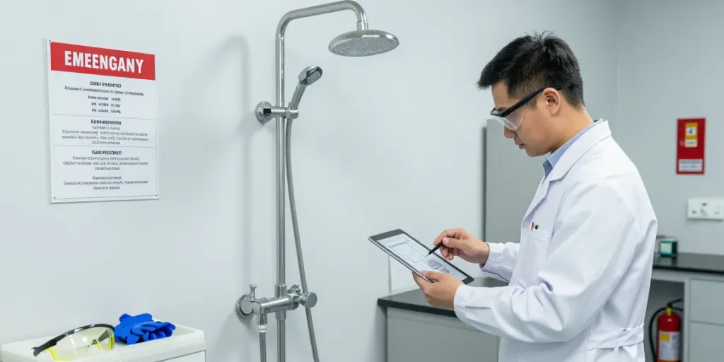 Industrial emergency shower installation in a professional lab setting, showcasing safety compliance for industrielle Notdusche.