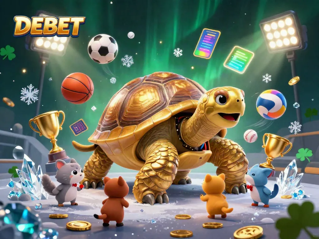 DEBET game illustration showcasing exciting sports betting with a golden tortoise pinball machine and vibrant decorations.