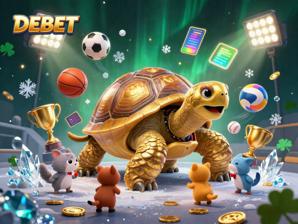 DEBET game illustration showcasing exciting sports betting with a golden tortoise pinball machine and vibrant decorations.