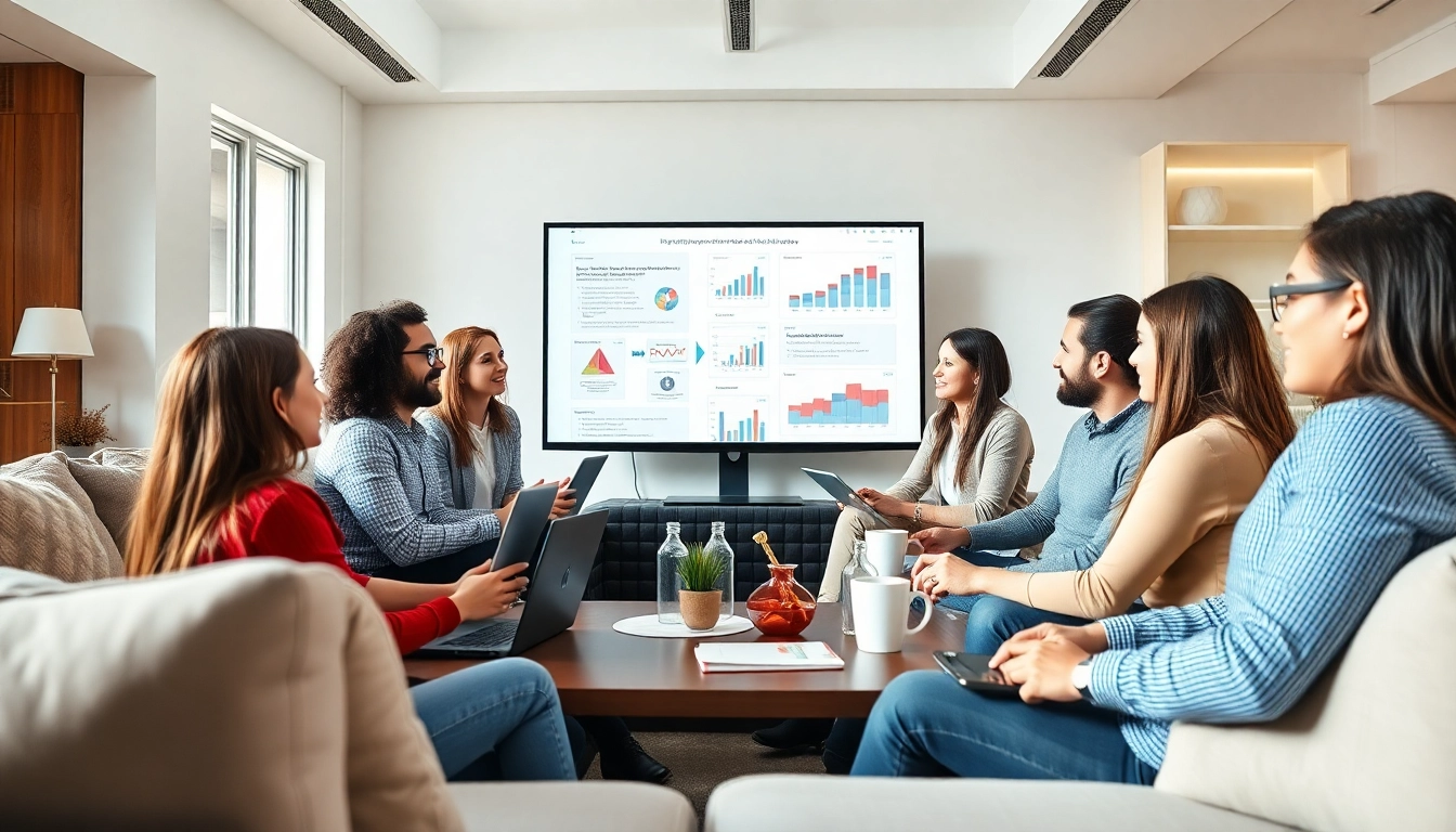 Online Marketing Team collaborates creatively in a bright, modern office space.