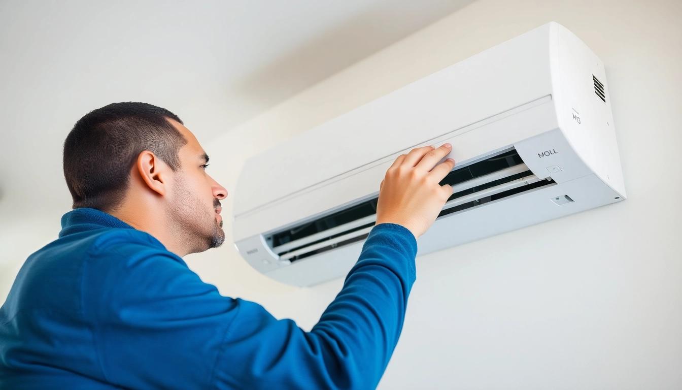 Technician expertly Klima installieren a split air conditioning unit in a bright living room setting.