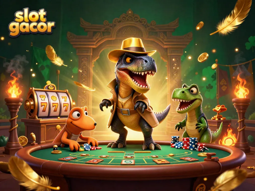 Engage with slot gacor excitement as a cartoon velociraptor secretly plays blackjack surrounded by dazzling effects.