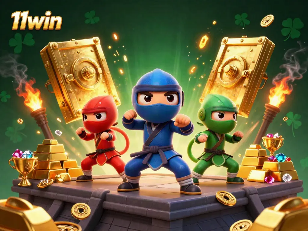 Experience thrilling action with 11win’s ninja chameleons celebrating riches in a vibrant casino scene.