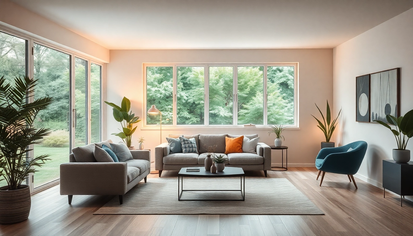 Raumgestaltung eines modernen, lichtdurchfluteten Wohnzimmers mit eleganten Möbeln und sanfter Farben.