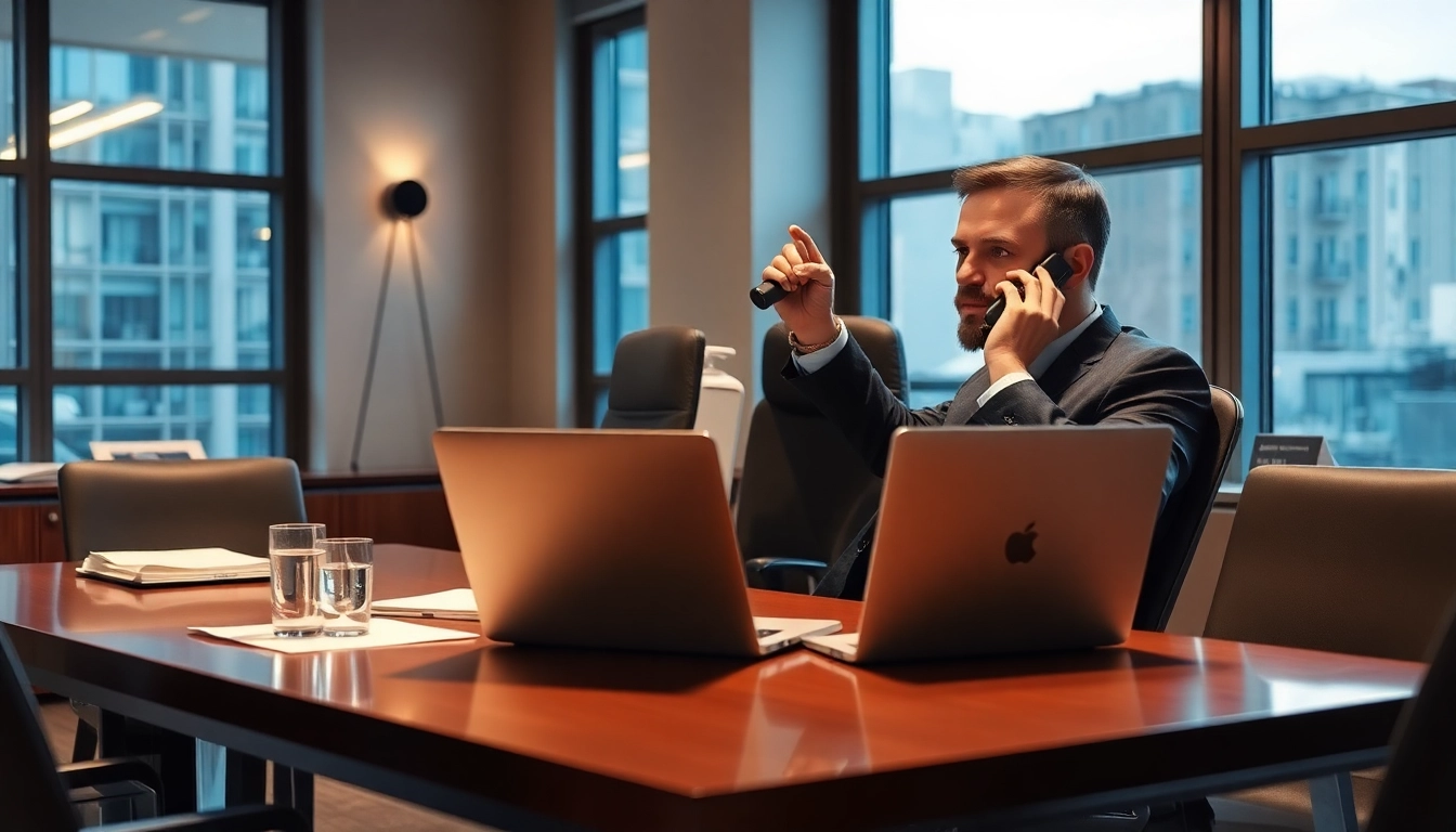Headhunter Hagen bei der Arbeit im modernen Büro, telefoniert engagiert.