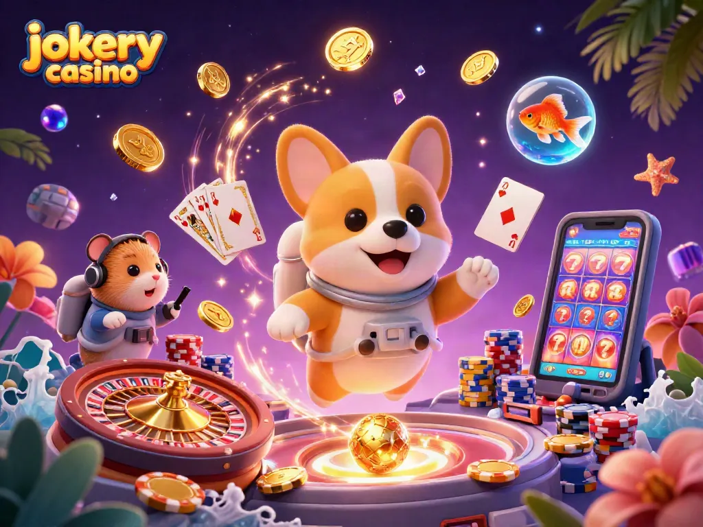 Experience thrills at Jokery Casino with vibrant games and playful characters in a cosmic scene.