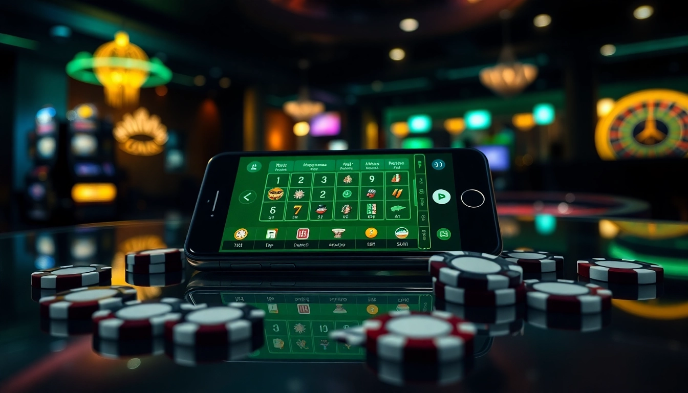 Entdecken Sie die beste Casino App in Deutschland auf einem stilvollen Smartphone, umgeben von Casino-Chips und Spielkarten.