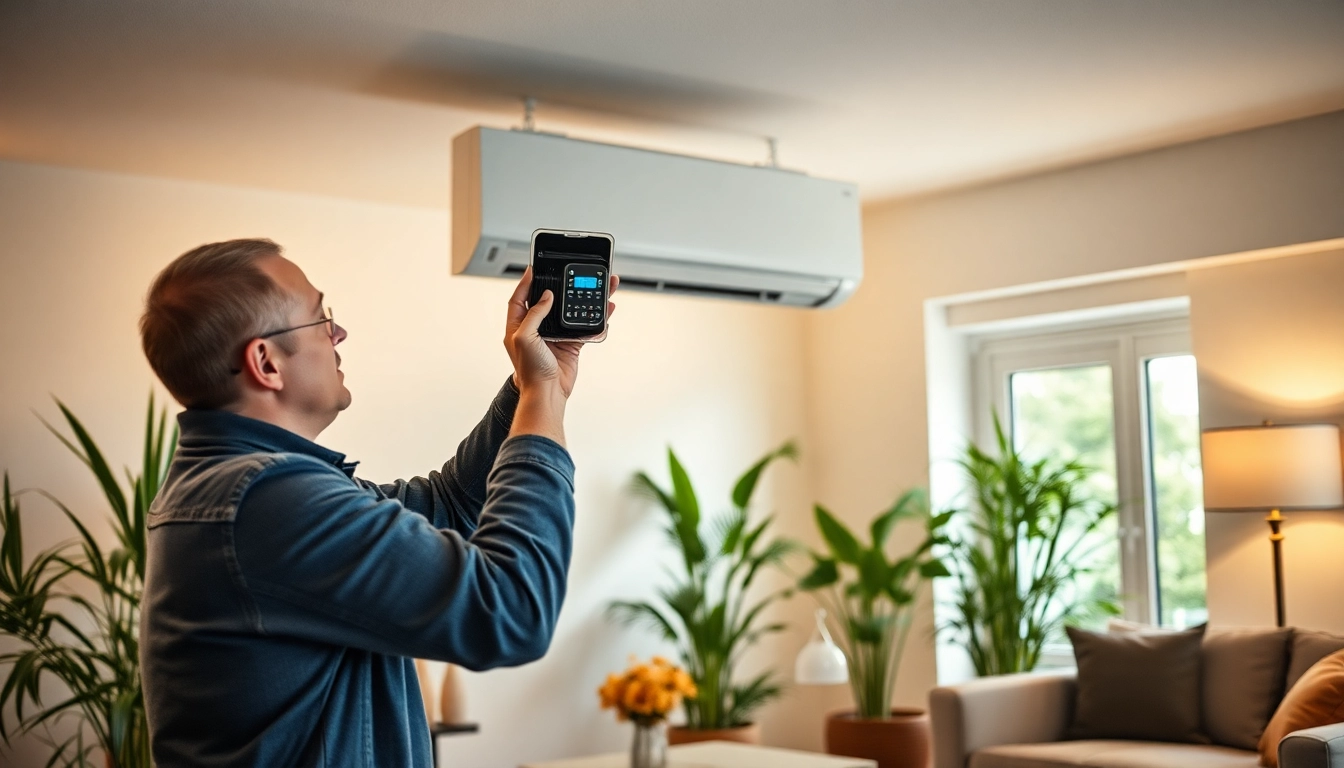 Klimaanlagen installieren lassen - Professioneller Techniker bei der Installation einer Klimaanlage in einem modernen Raum.