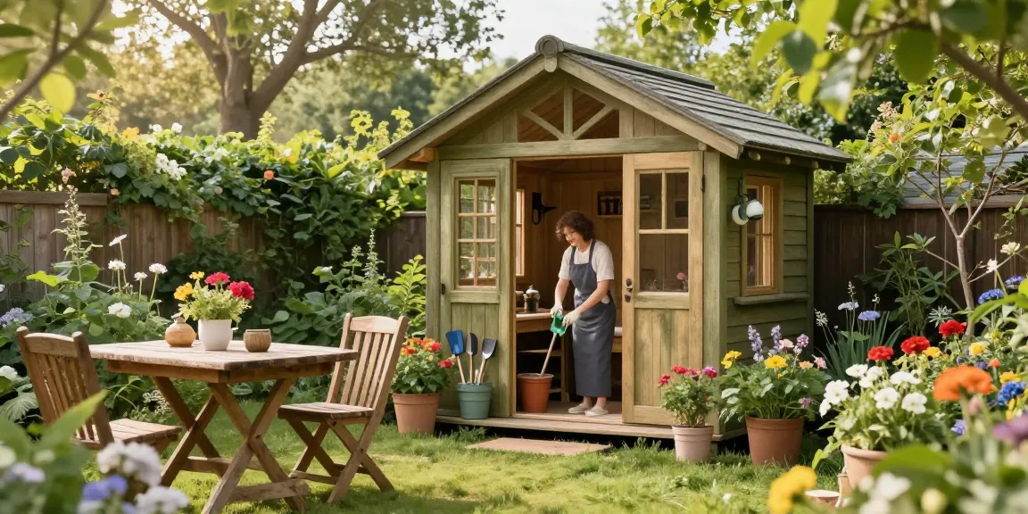 Gartenhaus Holz in einer blühenden Gartenlandschaft mit gemütlichen Möbeln.