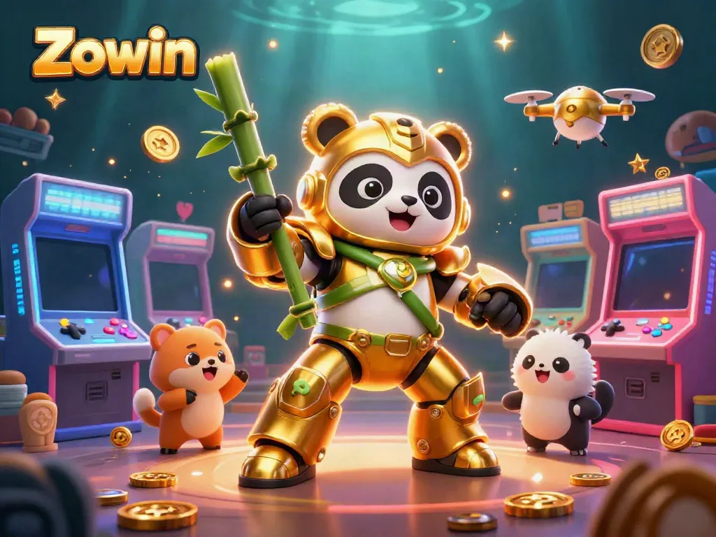 Zowin casino adventure with a golden panda in a mech suit competing in a lively gaming arena.