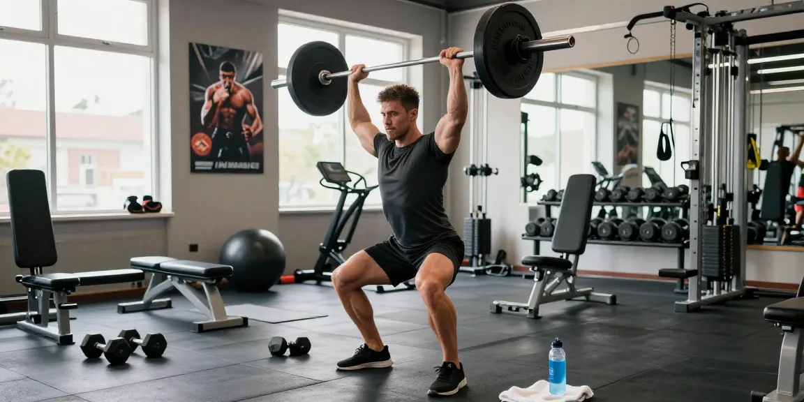 Bodybuilder, der im modernen Fitnessstudio trainiert und Produkte des Anabolika-Shops Deutschland sowie Fitnessengagement präsentiert.